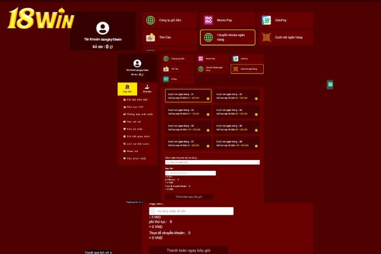 Hướng dẫn nạp tiền 18win qua ngân hàng