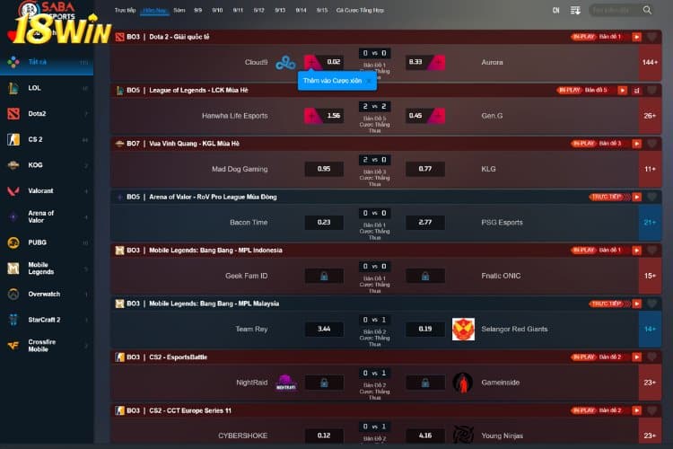 Khái quát thông tin sảnh game Esports 18win